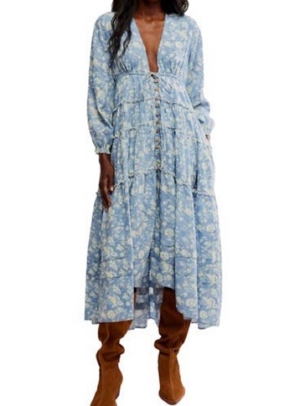 Free People Light Blue Floral Tiered Maxi Dress - Women